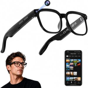Lunettes intelligentes Plunthorn AI avec caméra, 4K Vidéo HD & Capture de photos, Traduction en temps réel, Lunettes d'enregistrement avec assistant IA, Audio à oreille ouverte, Reconnaissance d'objets, Bluetooth, pour les voyages (Lentille transparente)