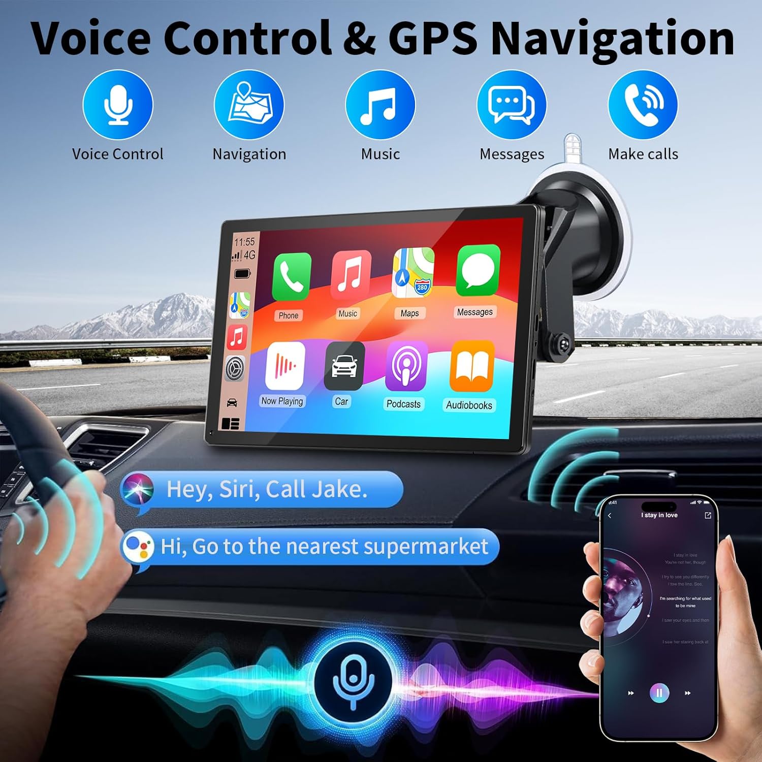GTVFS CarPlay Screen for Car, 9'' Wireless CarPlay & Android Auto - Smart Portable Touchscreen with Bluetooth/FM, Mirror Link, Voice Control, GPS Navigation, Hands-Free Calling, Plug & Play Car Play Screen - Image 3
