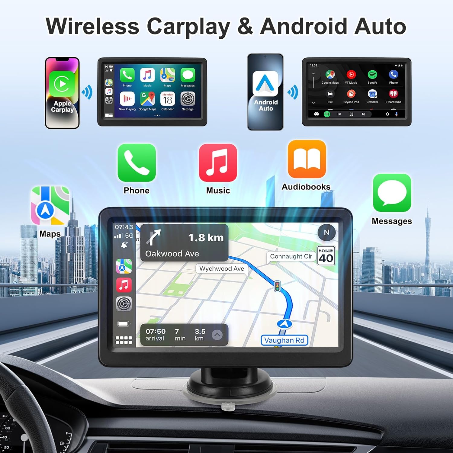 Rixvaxt Carplay Screen for Car, 7" Wireless Carplay & Android Auto, Portable HD Touchscreen with Mirror Link, GPS Navigation, Voice Control, Hands-Free Calling, Bluetooth/AUX/FM, Plug & Play Car Play Screen - Image 2