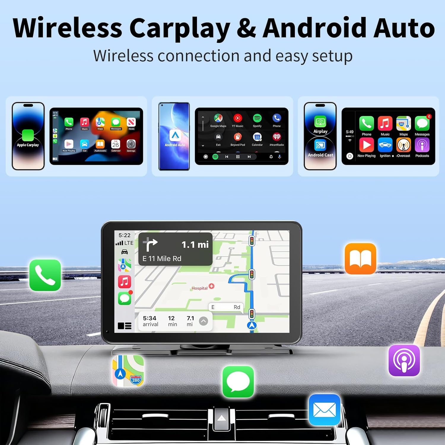 GTVFS CarPlay Screen for Car, 9'' Wireless CarPlay & Android Auto - Smart Portable Touchscreen with Bluetooth/FM, Mirror Link, Voice Control, GPS Navigation, Hands-Free Calling, Plug & Play Car Play Screen - Image 2