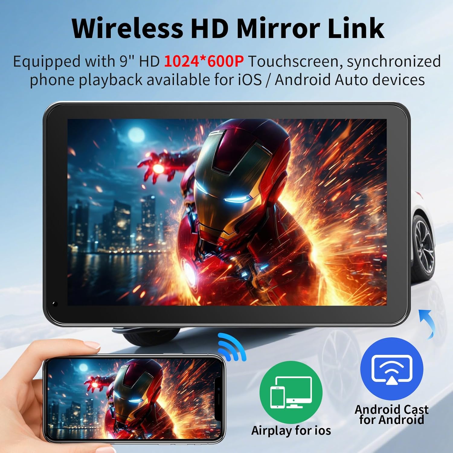 GTVFS CarPlay Screen for Car, 9'' Wireless CarPlay & Android Auto - Smart Portable Touchscreen with Bluetooth/FM, Mirror Link, Voice Control, GPS Navigation, Hands-Free Calling, Plug & Play Car Play Screen - Image 4
