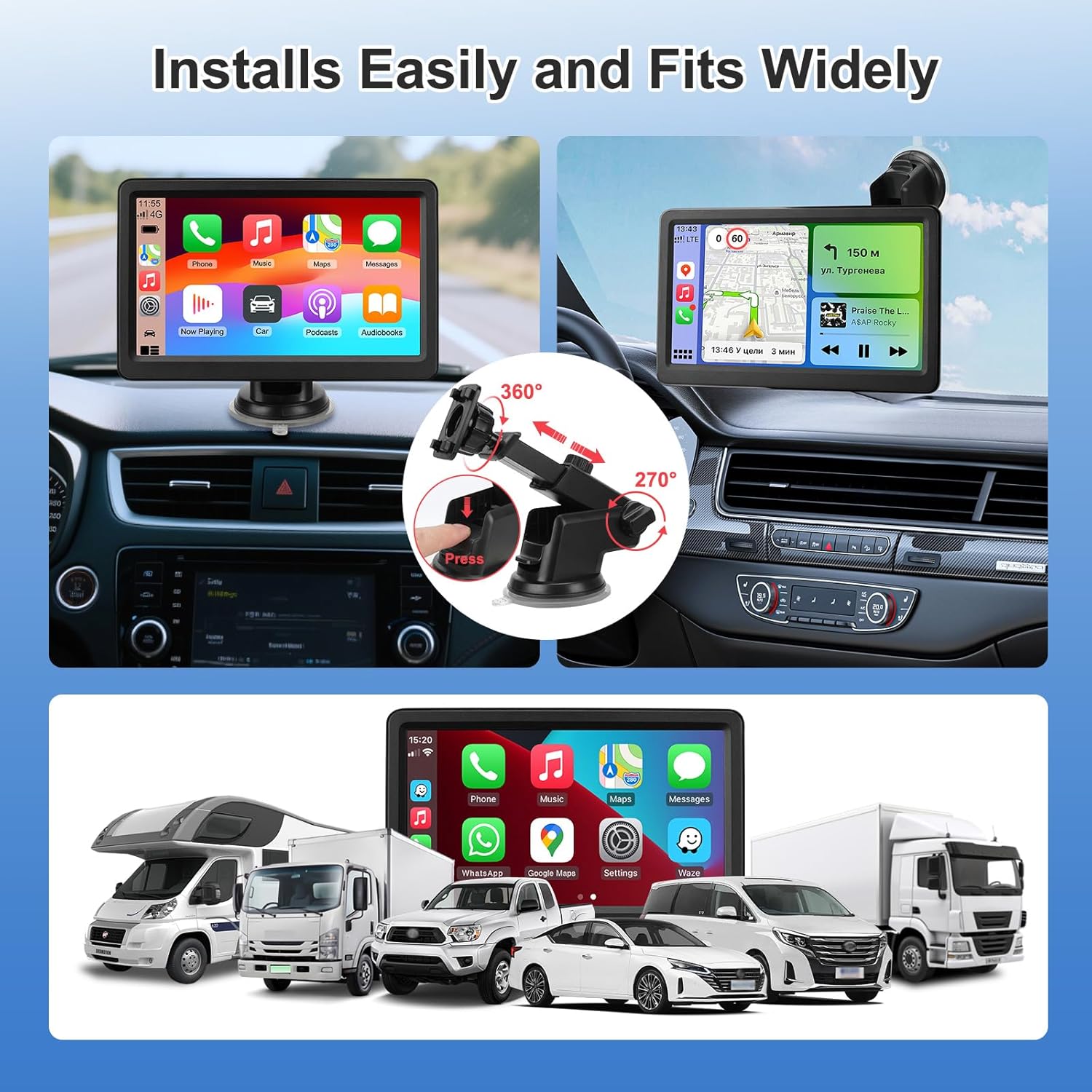 Rixvaxt Carplay Screen for Car, 7" Wireless Carplay & Android Auto, Portable HD Touchscreen with Mirror Link, GPS Navigation, Voice Control, Hands-Free Calling, Bluetooth/AUX/FM, Plug & Play Car Play Screen - Image 6
