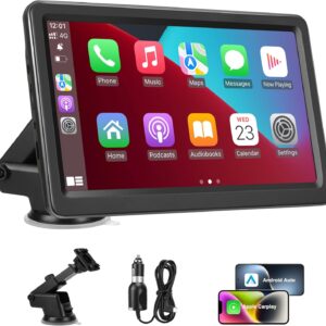 Rixvaxt Carplay Screen for Car, 7" Wireless Carplay & Android Auto, Portable HD Touchscreen with Mirror Link, GPS Navigation, Voice Control, Hands-Free Calling, Bluetooth/AUX/FM, Plug & Play Car Play Screen
