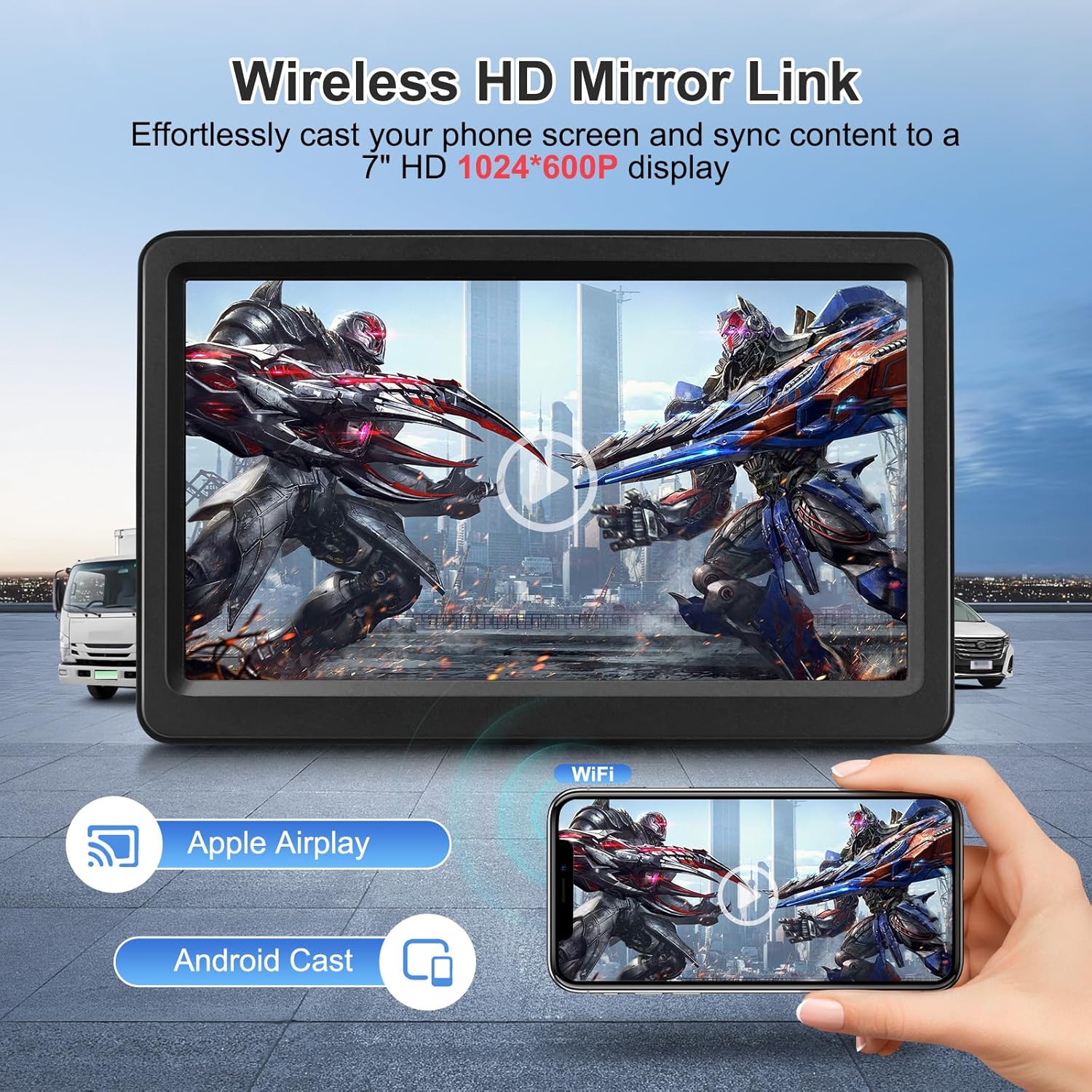 Rixvaxt Carplay Screen for Car, 7" Wireless Carplay & Android Auto, Portable HD Touchscreen with Mirror Link, GPS Navigation, Voice Control, Hands-Free Calling, Bluetooth/AUX/FM, Plug & Play Car Play Screen - Image 3