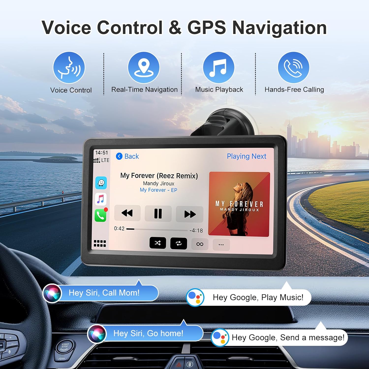 Rixvaxt Carplay Screen for Car, 7" Wireless Carplay & Android Auto, Portable HD Touchscreen with Mirror Link, GPS Navigation, Voice Control, Hands-Free Calling, Bluetooth/AUX/FM, Plug & Play Car Play Screen - Image 4